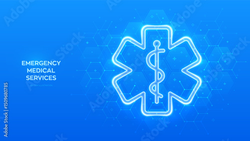 Emergency medical services icon. Emergency call. Online medical support. Medicine and healthcare application. Molecular structure. Blue medical background with hexagons. Vector illustration.