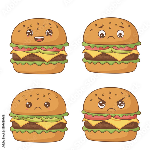 Cartoon cheeseburgers with expressive faces showing emotions like happy, sad, upset, and angry, with lettuce, tomato, and cheese layers.