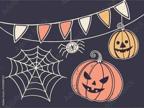 Happy Halloween vector illustration with spooky icons. Cute ghost, pumpkin, bat, candy, skull, cat, spider, coffin, and grave for fun decoration and design use.

