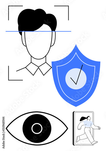 Facial recognition scanning, blue shield with checkmark, eye graphic, and user on mobile app. Ideal for biometric access, identity protection, privacy, mobile security, AI technology user