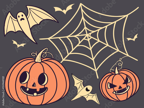 Vector Halloween background with cute spooky elements. Ghost, pumpkin, bat, candy, cat, skull, spider, coffin, and grave icons for holiday decor and design.

