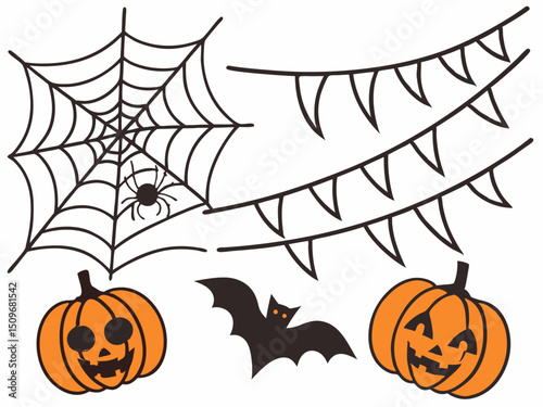 Halloween icons vector background with cute elements. Ghost, pumpkin, bat, candy, cat, skull, spider, coffin, and grave for festive seasonal decor and party graphics.

