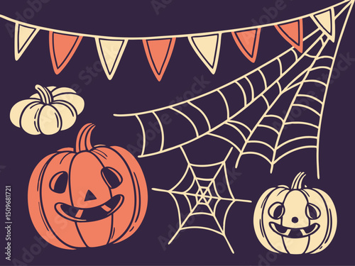 Cute and spooky Halloween vector illustration. Includes background with pumpkin, ghost, candy, bat, cat, skull, spider, coffin, and grave for party decoration themes.

