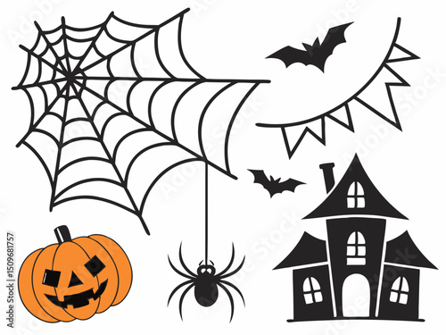 Halloween celebration vector background with adorable elements. Ghost, pumpkin, bat, candy, cat, skull, spider, coffin, and grave set for spooky decor illustration.

