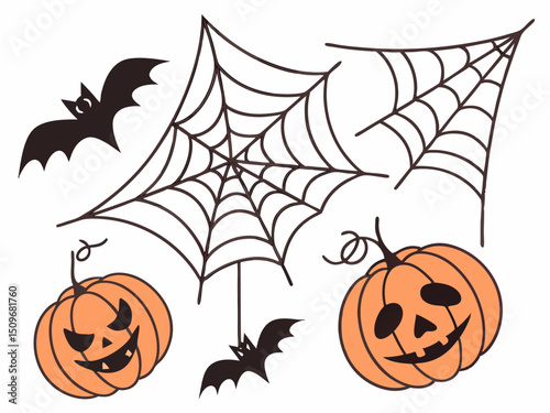 Happy Halloween decoration vector set. Cute ghost, pumpkin, bat, candy, cat, skull, spider, coffin, and grave included for festive October design and celebration themes.

