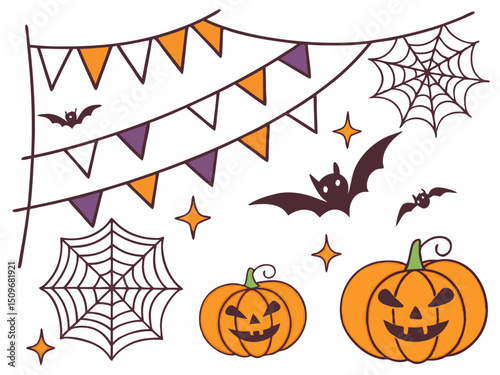 Halloween background vector with fun spooky icons. Ghost, pumpkin, bat, candy, cat, skull, spider, coffin, and grave elements for seasonal celebration decorations.

