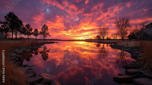 Stunning Sunset over Lake at French Creek Park, Provo, Utah
