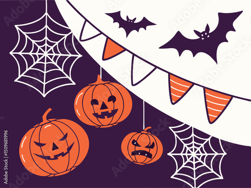 Halloween spooky cute vector illustration. Includes background elements like ghost, pumpkin, candy, bat, cat, skull, spider, coffin, and grave for fun holiday themes.

