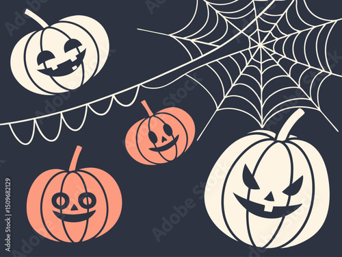Spooky Halloween elements vector set. Includes cute ghost, pumpkin, candy, bat, cat, skull, spider, coffin, and grave for holiday decorations and seasonal backgrounds.

