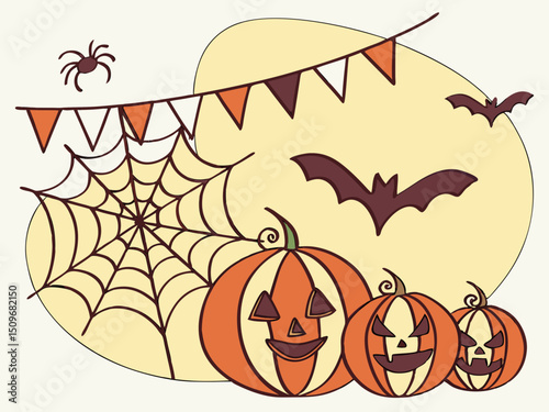 Vector background for Halloween with cute spooky icons. Includes pumpkin, ghost, candy, bat, cat, skull, spider, coffin, and grave for holiday decor and October design.

