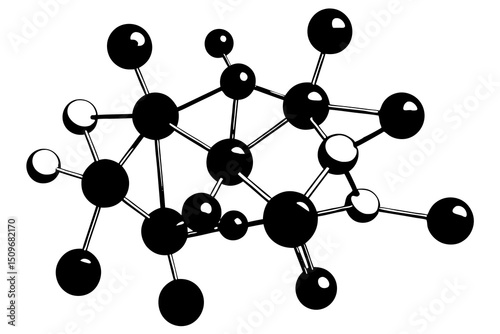 Abstract black and white molecular structure illustration on a clean white background
