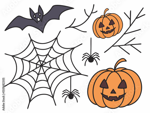 Vector Halloween elements set with cute and spooky background. Pumpkin, ghost, bat, candy, cat, skull, coffin, spider, and grave icons for holiday design projects.

