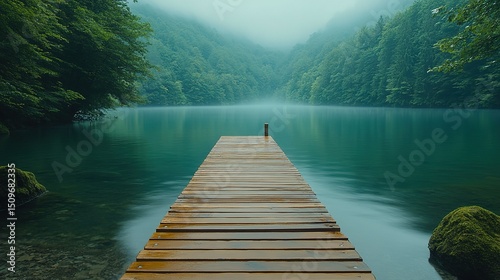 lake, dock, forest, mist, tranquility, natural beauty, wooden, ethereal, wide-angle
