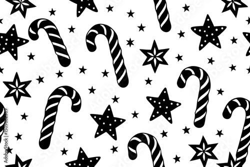 Black and white christmas pattern featuring candy canes and star decorations