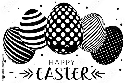 Black and white graphic design depicting happy easter decorated eggs and festive greetings