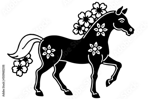Black silhouette horse with floral adornments suitable for diverse design projects