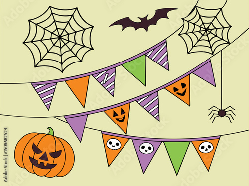 Halloween background vector with cute spooky decorations. Ghost, bat, pumpkin, candy, cat, skull, spider, coffin, and grave included for fun and festive design themes.


