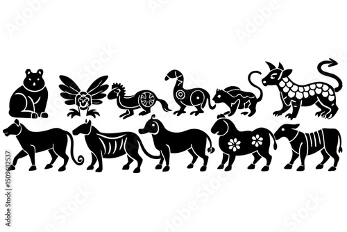 Black silhouettes of stylized animals on a white background with transparency