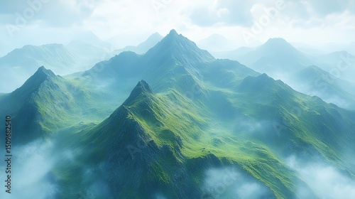 aerial, mountains, grass, mist, clouds, blue sky, fantasy art, Octane render, cinematic, hyper-realistic
