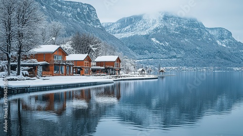Austria, Hallstatt, winter, snow, mountains, wooden houses, lake, sharp focus, serene
