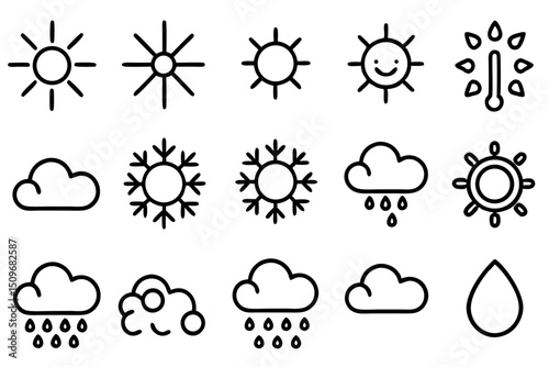 Collection of weather icon outlines demonstrating sun rain and snowflake elements