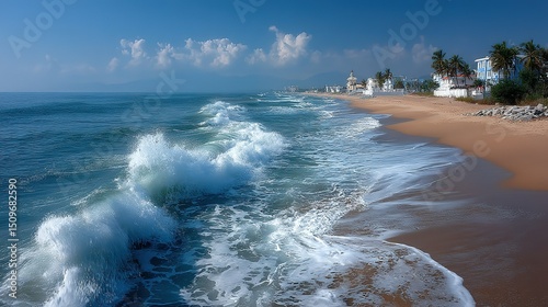 Goa, India, beach, golden sand, waves, buildings, HDR, high detail, serene beauty
