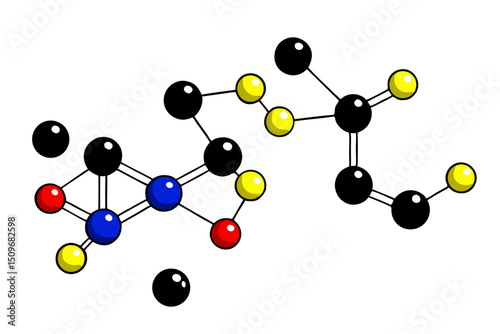 Colorful atomic molecular structure displaying chemical bonds on a transparent background