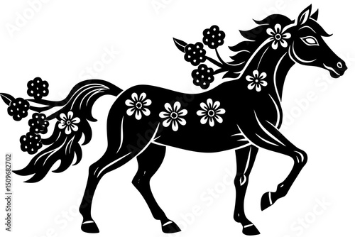 Elegant black horse illustration adorned with floral embellishments on a pristine white background