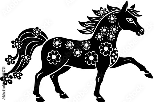 Elegant black horse silhouette adorned with floral patterns against a white background