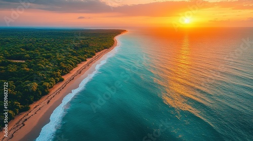 Majorca, beach, sunset, forest, coastline, blue water, warm hues, aerial, picturesque
