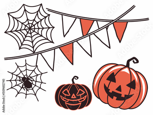 Halloween vector design with adorable spooky elements. Cute set of ghost, pumpkin, bat, candy, skull, spider, cat, coffin, and grave for festive background illustration.

