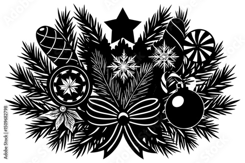 Festive black and white christmas arrangement with ornaments and evergreen branches
