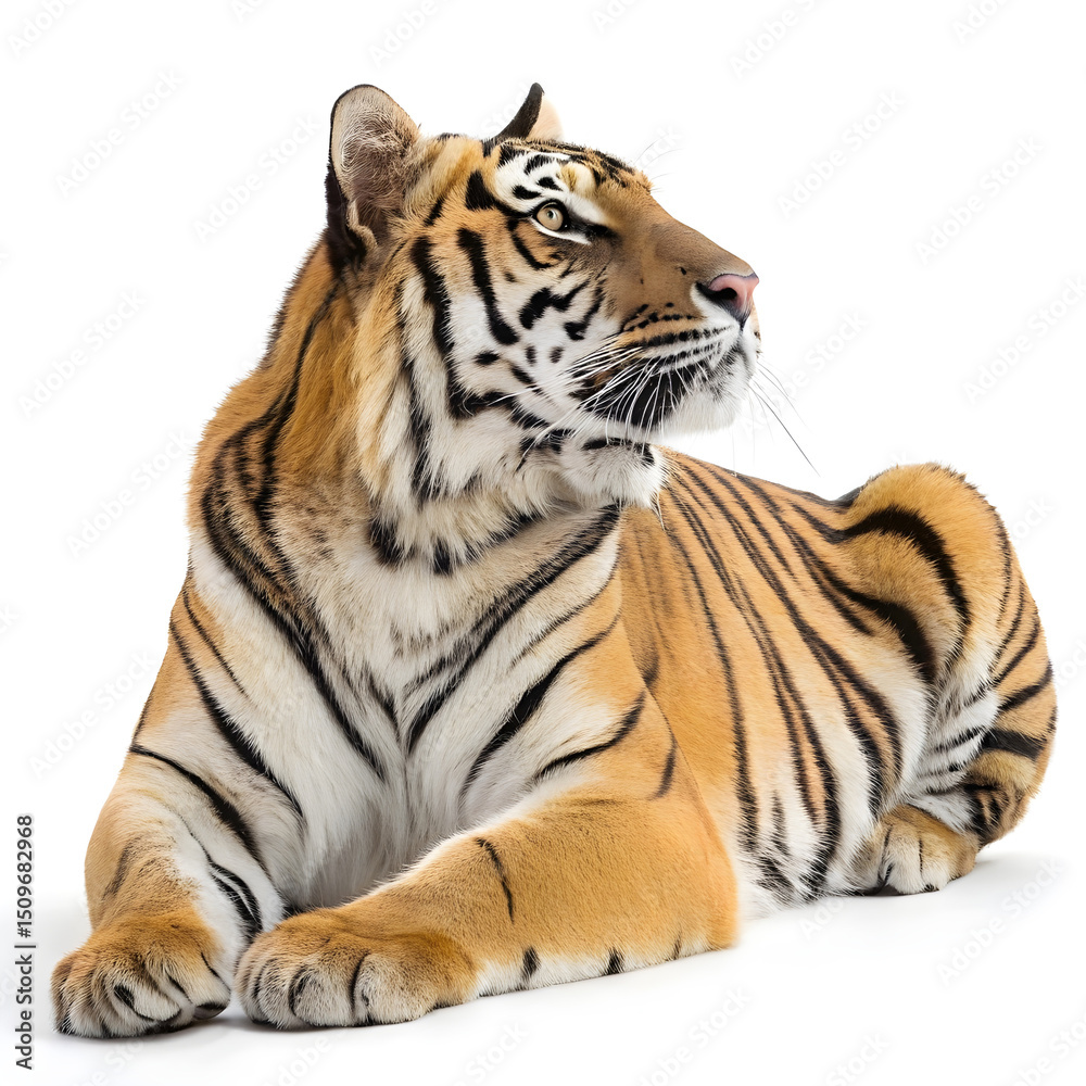 Fototapeta premium A full-body Bengal tiger lying down with its head raised, displaying detailed fur patterns and a relaxed expression.