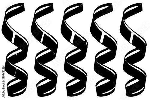 Five black ribbons with white accents arranged vertically against a white background