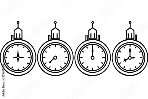 Four stopwatches showing different times line art design on transparent background