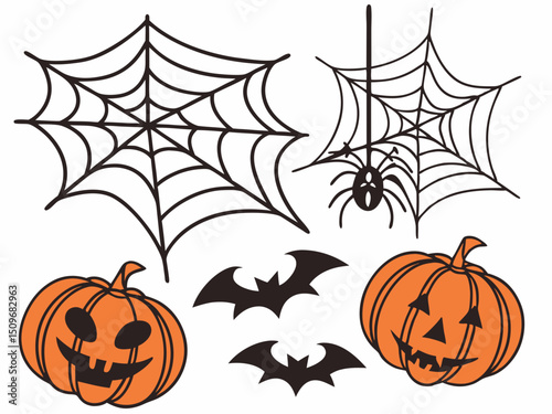 Halloween themed background vector. Cute and spooky ghost, pumpkin, bat, candy, skull, cat, spider, coffin, and grave decoration icons perfect for October celebrations.

