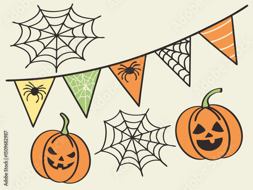 Adorable Halloween decoration background. Vector set includes ghost, pumpkin, bat, candy, cat, skull, coffin, spider, and grave for festive and spooky party graphics.

