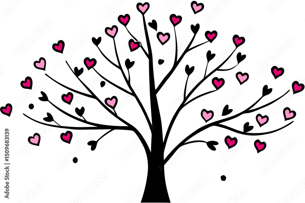 Obraz premium Heart tree illustration with a black trunk and pink hearts on branches for love