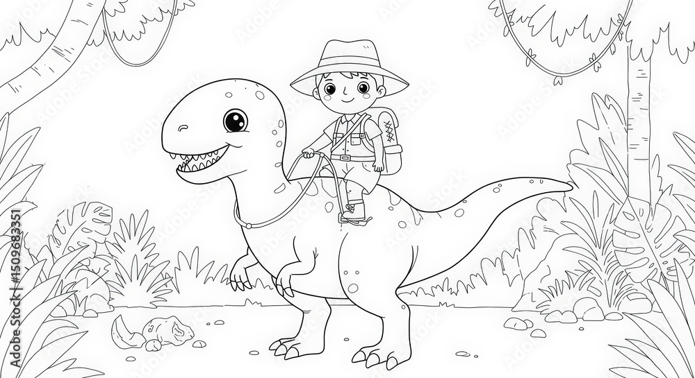Obraz premium Boy Riding Dinosaur in Jungle: Coloring Page Adventure