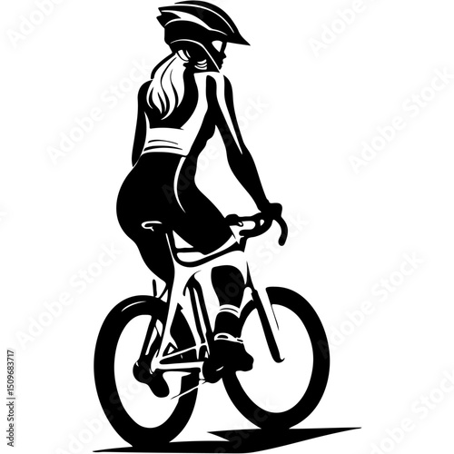 Sketchy sport emblem of professional female cyclist waiting for start of race, rear view from the back in monochrome. Engraving minimalistic vector in black ink drawing on transparent background