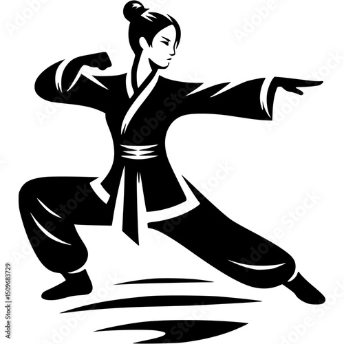 Sport silhouette of girl in kung fu fighting stance in monochrome. Engraving minimalistic vector in black ink drawing on transparent background