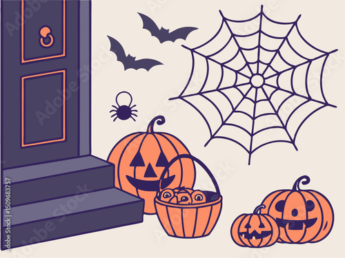 Halloween design vector with cute festive elements. Pumpkin, ghost, bat, candy, skull, cat, spider, coffin, and grave collection for holiday background and party use.

