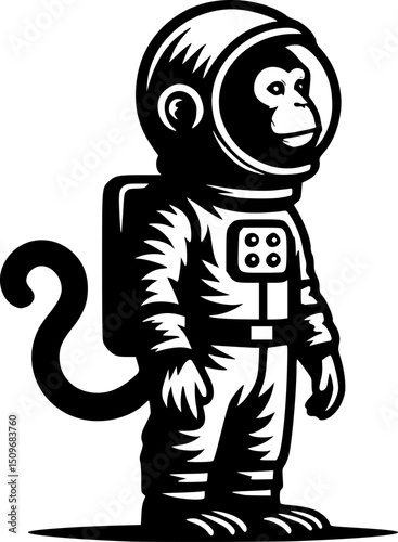 Sketchy cosmic emblem of monkey astronaut space traveler in monochrome. Engraving minimalistic vector in black ink drawing on transparent background