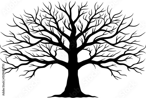 Silhouette of a large tree with branches in a black and white illustration