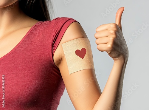 A woman's arm with a bandage on her shoulder and the sign of a thumbs up, against a white background, with a heart-shaped patch on her skin. Conceptual stock photo, with a red color palette, high-reso