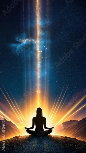 A silhouette of a person meditating under a cosmic sky, radiating light and energy, promoting peace and mindfulness.