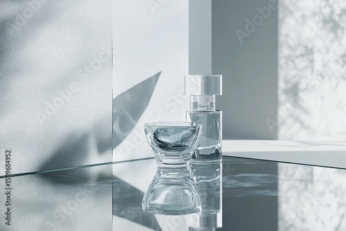 Product floating above mirror-like glass for ad