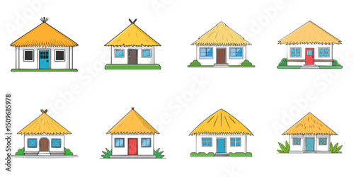Multiple vector illustrations thatched roof house, outlines