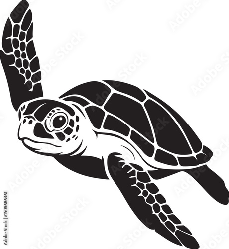 Sea turtle black and white bold design, Ocean animal silhouette in contrast style