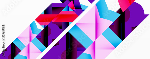 Abstract geometric shapes, vibrant colors, diagonal lines create dynamic composition. Modern design, clean aesthetic, bold contrasts present.